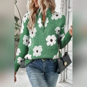 Fuzzy Half-Zip Pullover Daisy Retro Flower Top Eyelash Knit Henley Neck Sweater